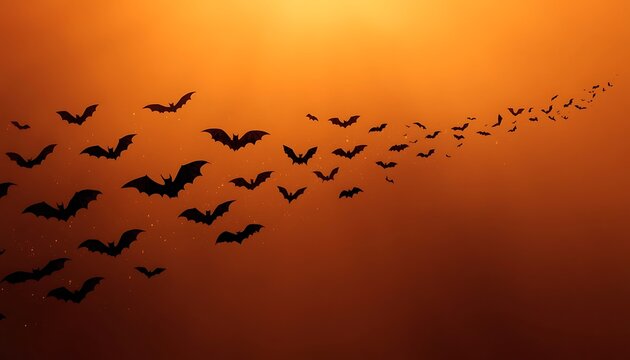 Elegant Flying Bat Pattern with Dynamic Motion on a Halloween Background