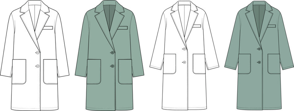 Tailored double button long coat vector technical CAD flat displaying notch lapel, large patch pockets, and welt chest pocket