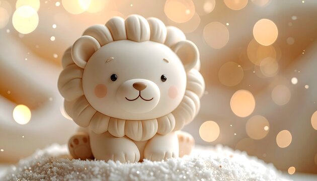 Figura decorativa de le&oacute;n blanco con expresi&oacute;n amable sobre superficie nevada y fondo de luces c&aacute;lidas desenfocadas