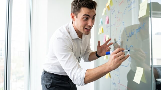 Generative AI, Enthusiastic man brainstorming ideas on glass whiteboard in office