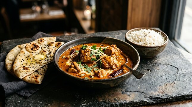 Delicious Indian Butter Chicken Curry with Naan Bread and Rice.