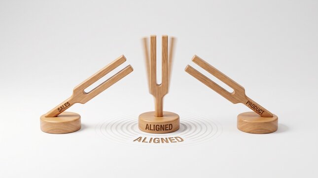 Three wooden tuning forks on a white background with the center fork vibrating, representing team alignment and organizational synchronization concept