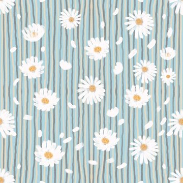 Cute daisy flower seamless pattern on vertical pastel green textured stripes background for baby clothes and fabric design