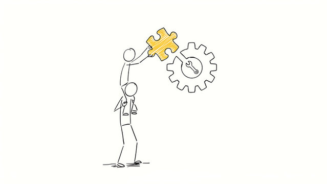 Solution puzzle piece fitting into gear mechanism. Teamwork illustration concept. Linear doodle style minimal line art. Professional collaboration finding answers