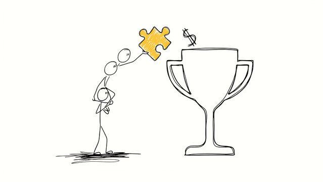 Business Success Illustration: Stick Figure Handing Puzzle Piece Into Trophy, Conceptual Sketch Of Achievement, Teamwork Symbol, Winning Strategy For Corporate Goals