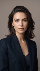 Fototapeta premium Ultra-realistic premium commercial headshot of a professional fashion model, perfectly balanced natural skin texture, sophisticated neutral expression, subtle elegant makeup, refined hairstyle