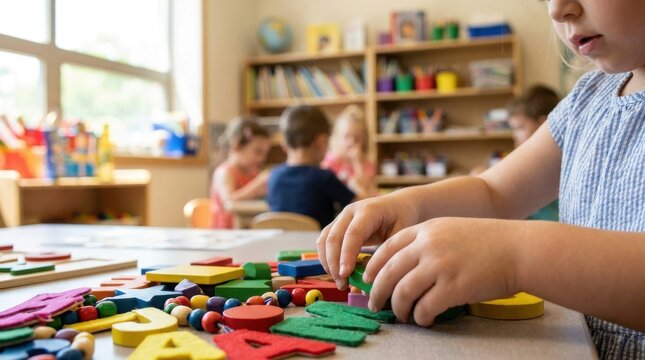 Childhood Education: Young student exploring creative learning materials in an elementary classroom 