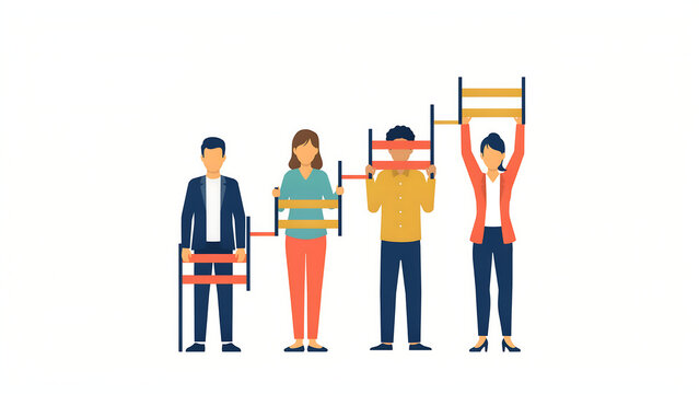 Business team teamwork concept illustration. Flat style people lifting levelers. Corporate cooperation. Workplace equality symbol. Career growth vector graphic.