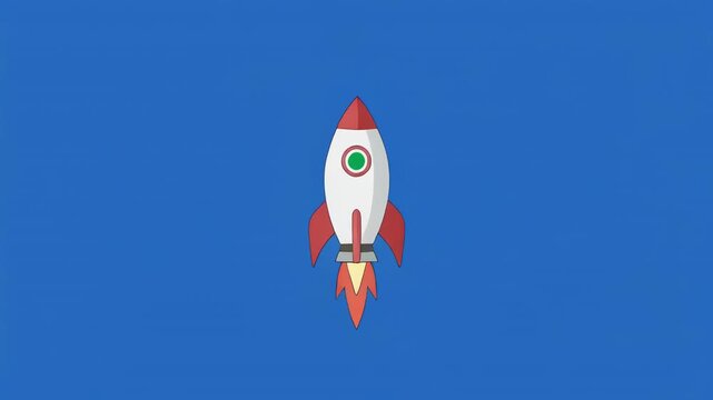 Retro rocket ship ascending into clear blue sky with smoke trail cinematic motion during daytime
