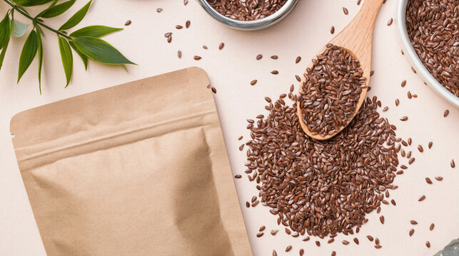 Flaxseed with wooden spoon and natural packaging on beige background