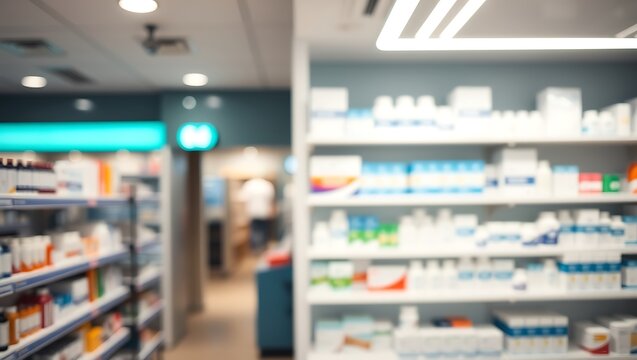 blurred pharmacy interior with shelves of pharmaceutical products