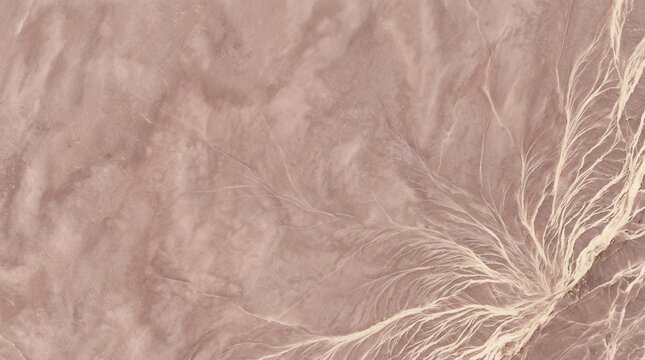 Aerial view of dry riverbed patterns in dusty pink earth, branching erosion channels