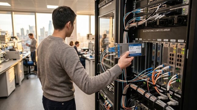 A technician connects cables and replaces components on server hardware in a data center. Other workers are engaged in their tasks nearby. The city skyline is visible through windows.