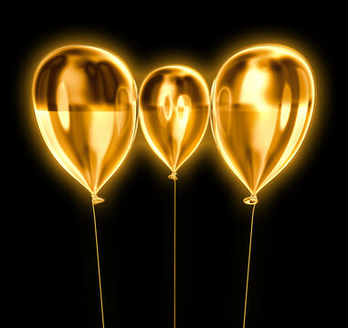 drei goldene Luftballons mit Schnur festgebunden