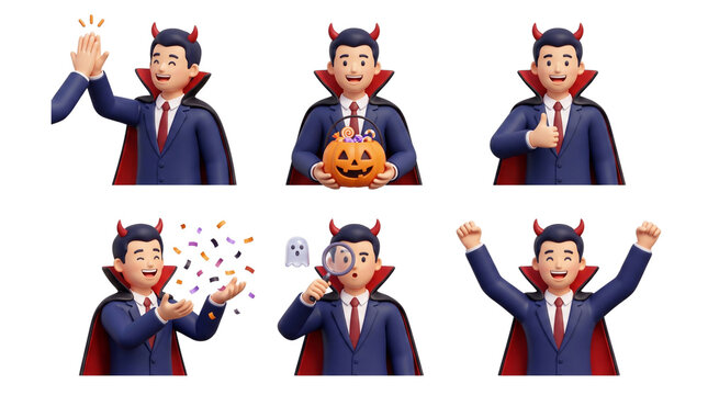 3D Clay Style Halloween Vampire Businessman Characters, Professional Cartoon Monster Poses, Spooky Corporate Illustration Set