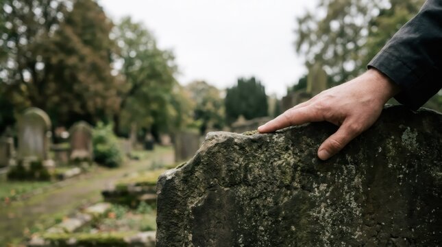 Man hand touching old moss covered tombstone in cemetery. Grief and mourning concept with loss and remembrance. Funeral burial and memorial background for sorrow