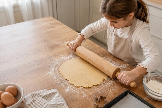 Child Rolling Cookie Dough on Wooden Kitchen Counter