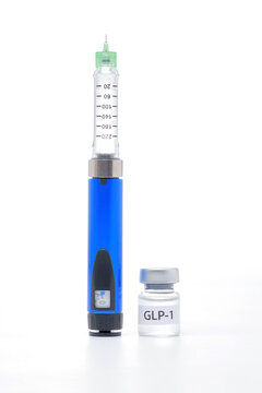 Medical injection pen syringe vial drug medicine therapy health treatment blue plastic glass needle liquid dosage dose prescription healthcare