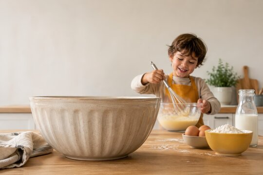 Large Mixing Bowl With Child Whisking Batter in Modern Kitchen