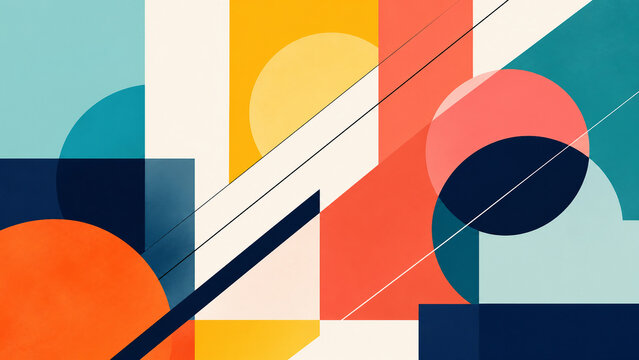 Colorful retro geometric background with overlapping circles, rectangles and diagonal lines in warm mid-century tones.