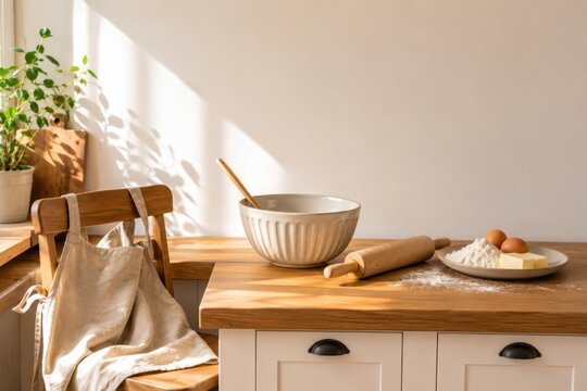 Child Cooking Station With Baking Tools in Sunlit Kitchen