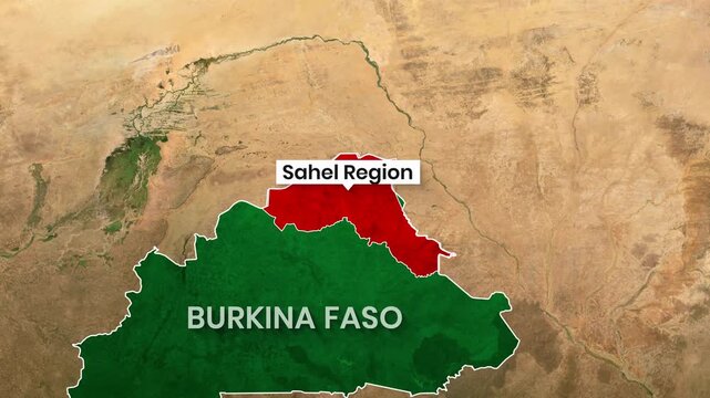 Burkina Faso region is highlighted within the Sahel during a global broadcast video clip