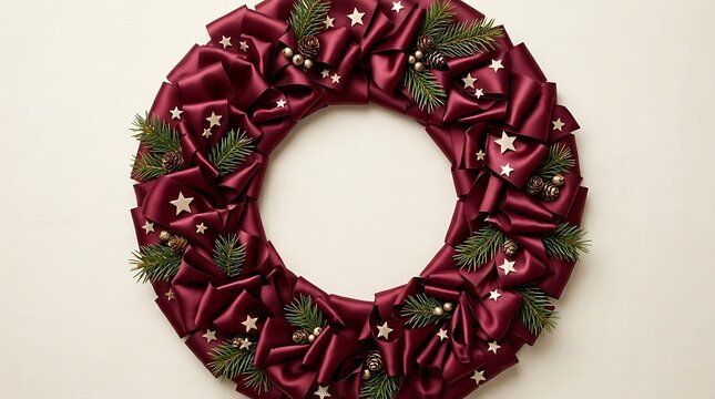 Festive christmas wreath made from dark red satin ribbon with spruce branches and golden stars