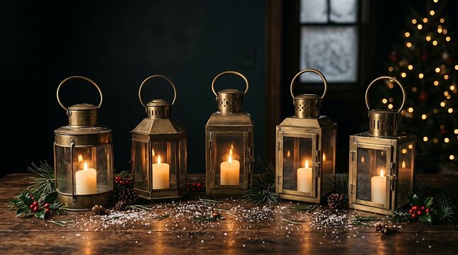 Five vintage metal lanterns with lit candles arranged on a wooden table with christmas decorations