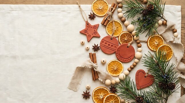 Flat lay christmas background with terracotta ornaments and dried orange slices on linen