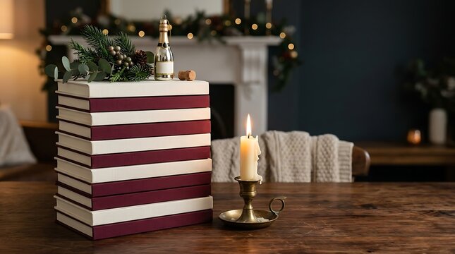 Stack of alternating maroon and white books on a wooden table with a lit candle for christmas