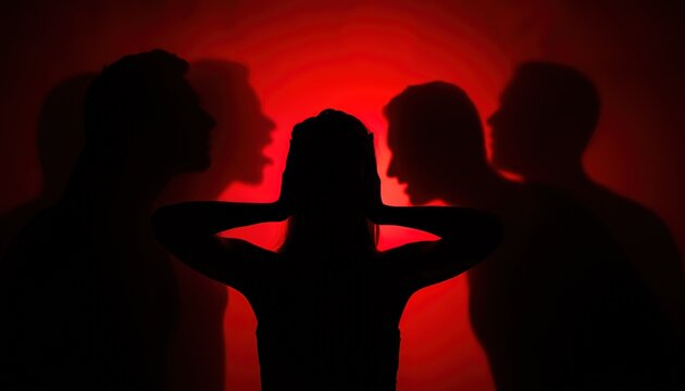 Silhouette of a distressed person covering their ears with hands while surrounded by shadowy figures whispering on either side against a dramatic red background, symbolizing anxiety