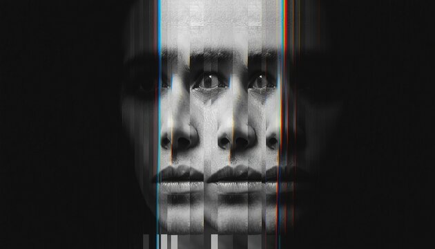 Analog photocopy glitch portrait of a man's face in black and white, close-up with fragmented vertical strips and chromatic distortion representing identity and digital disruption