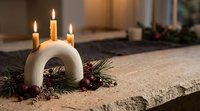 Modern ceramic arch candle holder with lit candles and christmas holiday ornaments on a stone mantelpiece