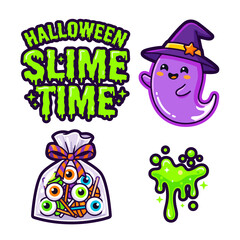 Naklejka premium Halloween slime time sticker set with ghost and eyeballs.