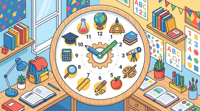 Educational wall clock with school supplies icons in a colorful classroom background