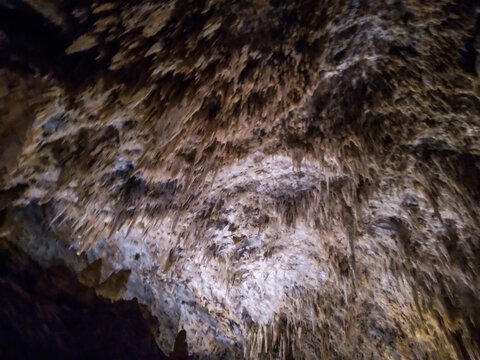 Jagged limestone stalactites hanging from a dark cavern ceiling captured in sharp focus showcasing the natural geological beauty and rugged textures of underground mountain rock formations