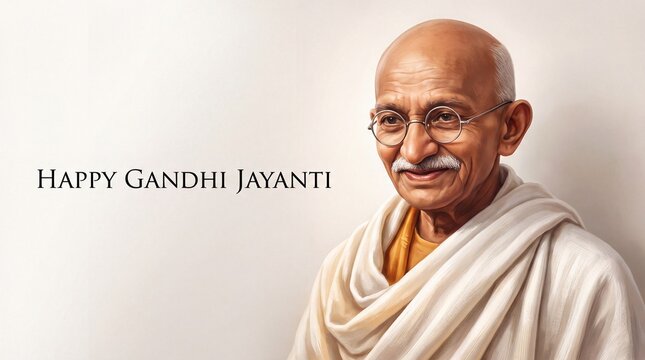 Happy Gandhi Jayanti Greeting Banner with Mahatma Gandhi Portrait on Minimal White Background Design