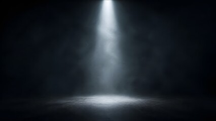 Fototapeta premium Dramatic single overhead spotlight illuminating a grungy concrete floor with swirling smoke in a dark, empty stage or performance space.