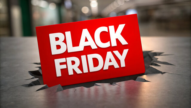 Black Friday sale sign with bold red background and white text on wooden floor