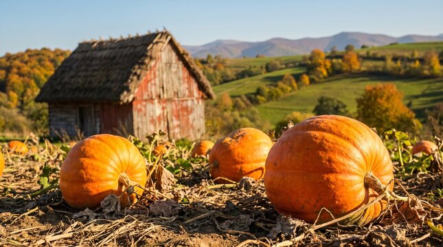 Pumpkin patch on a sunny autumn day, vibrant orange pumpkins in foreground