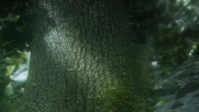 A large tree trunk stands in a forest setting. Light filters through leaves, highlighting the rough texture of the bark. Nearby plants grow and add to the forest landscape.
