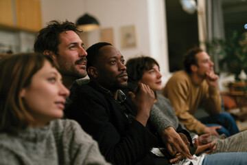Fototapeta premium A vibrant group of friends sharing joyful moments, captured in a modern living space, highlighting their emotional connection and engagement while enjoying time together.