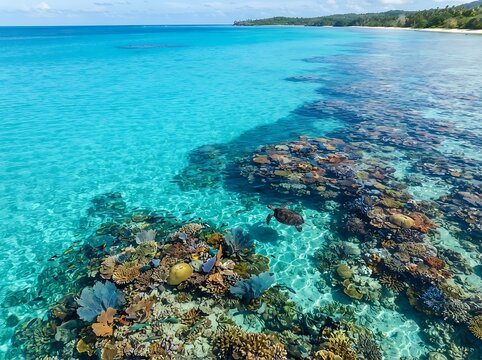 Sea turtle gliding over vibrant coral reef in crystal-clear tropical ocean waters