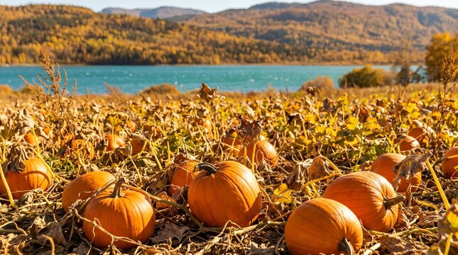 Pumpkin patch on a sunny autumn day, vibrant orange pumpkins in foreground