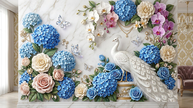 Elegant peacock standing among ultra detailed 3d floral wall art mural