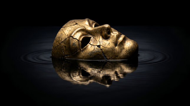 Cracked golden mask floating in dark water with reflection