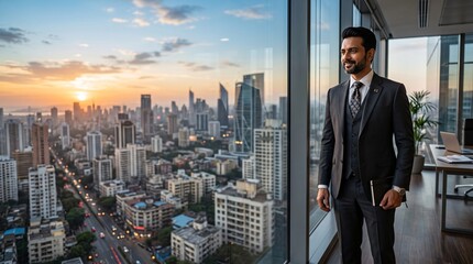 Plakat Confident businessman standing in a modern office looking at the city skyline at sunset.