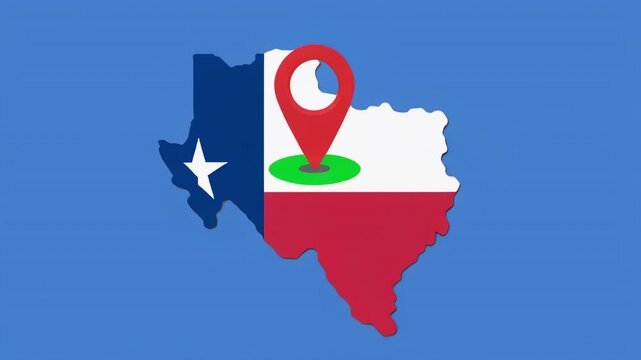 Texas map location pin marker animation with blue background and subtle shadow