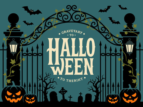 Spooky Halloween Graveyard Gate Background with Jack-o-lanterns and Bats