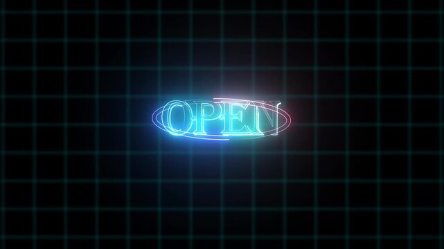 Neon glowing open sign with light effect on dark grid background